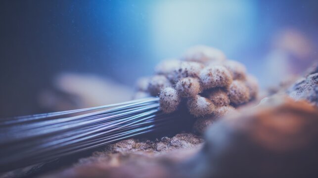 Close up macro shot of delicate fibrous organic structures on a blue background