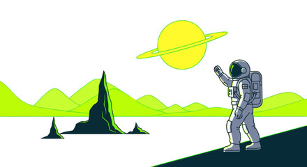 Astronaut waving on alien planet with ringed planet in sky and mountains © Duki
