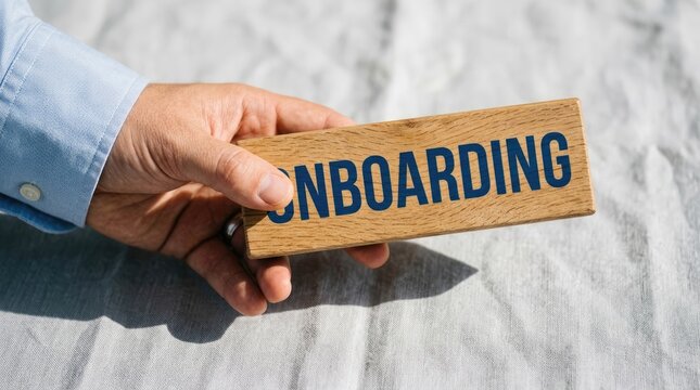 Business professional holding a wooden block with the word onboarding printed clearly for new employee integration and corporate training concepts
