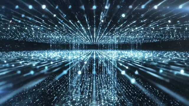 Abstract futuristic blue digital data stream featuring glowing light particles, fiber optic lines, and high-tech grid network in a virtual cyberspace.
