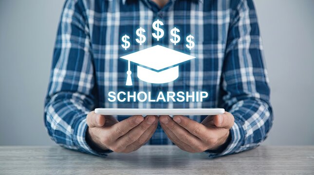 Man holding a digital tablet displaying a glowing graduation cap icon with dollar signs representing financial assistance for university students