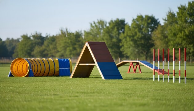 Dog agility course with obstacles like tunnel and weave poles on green grass for pet training and animal fitness concept in outdoor park