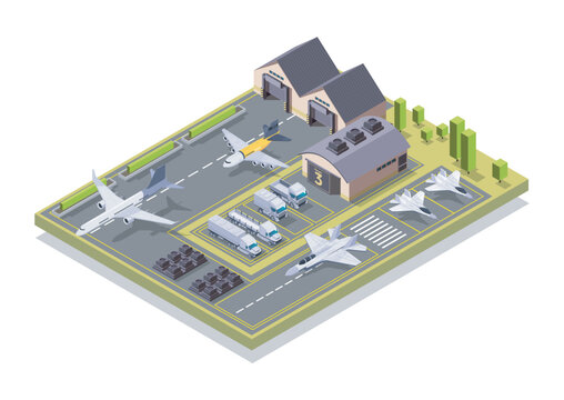 Military and civilian aircraft on an isometric airbase layout with facilities on a light background, depicting aviation operations concept. Hand-drawn vector illustration