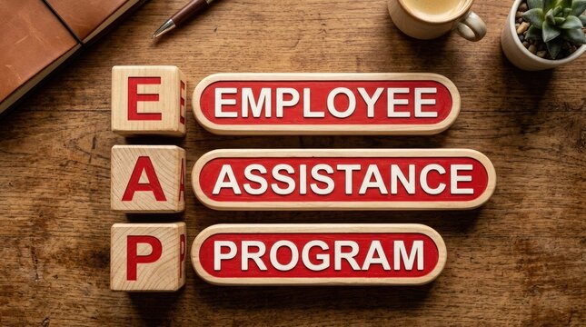 Wooden blocks displaying the acronym eap next to labels that clearly spell out employee assistance program on wooden table