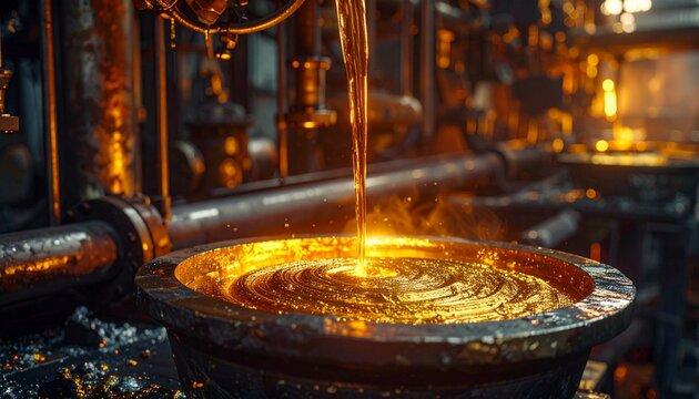 Molten gold pouring into casting mold in foundry workshop