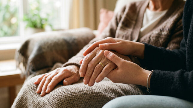 Closeup of a person holding the hand of an elderly individual for comfort and support