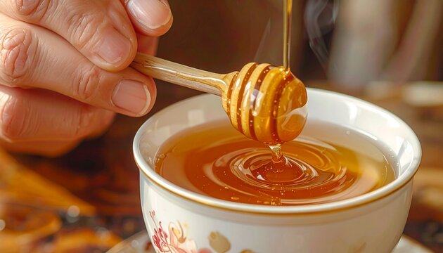 Hand pouring honey into tea with golden swirl in ceramic cup