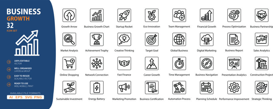 Business growth icon set, 32 thin line vector icons for financial success and startup strategy, professional marketing and management symbols