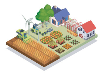 Obraz premium Isometric farm scene with fields, crops, machinery, buildings and trees shown in clean graphic style on white background, representing agriculture concept. Hand-drawn vector illustration
