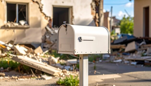 White mailbox stands amidst street ruins