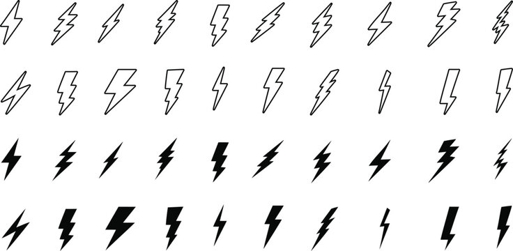 Lightning bolt icon mega collection with outline and solid electric symbols for energy themed graphics. Modern thunder flash vector set for technology branding warning signs gaming interfaces 