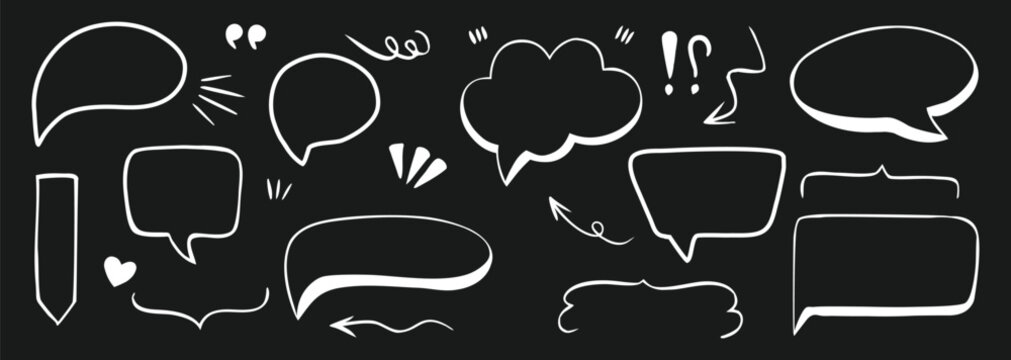 Hand drawn speech bubble collection with doodle comic chat elements on dark background for creative communication themes. Modern dialogue box vector set with sketch style symbols perfect for social 
