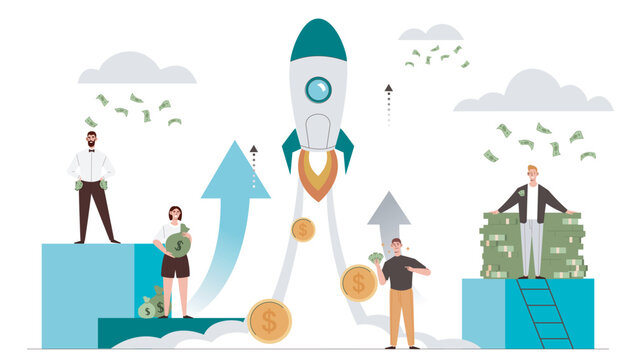 Business people with rocket and rising arrows surrounded by flying money on white background showing financial growth concept. Hand-drawn vector illustration