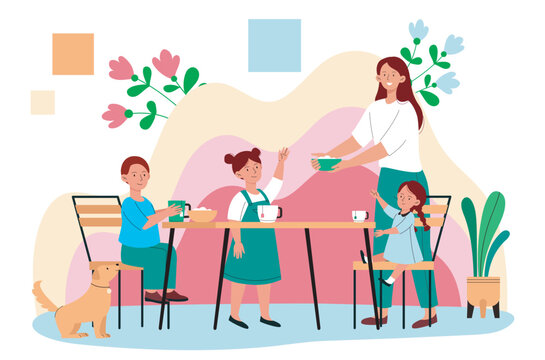 Family having meal at table with dog in flat style on abstract colorful background, concept of togetherness, unity, and home comfort. Hand-drawn vector illustration