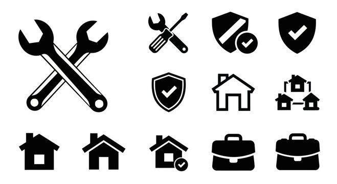 Home Repair and Security Icons: Tools, Houses, Shields, Briefcase, Checkmark