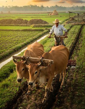 Indonesian farmer plowing rice field with a pair of oxen at sunrise.