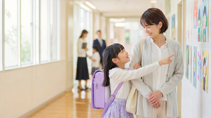 Obraz premium 小学校で娘の成長を見守る母親と親子の温かな会話