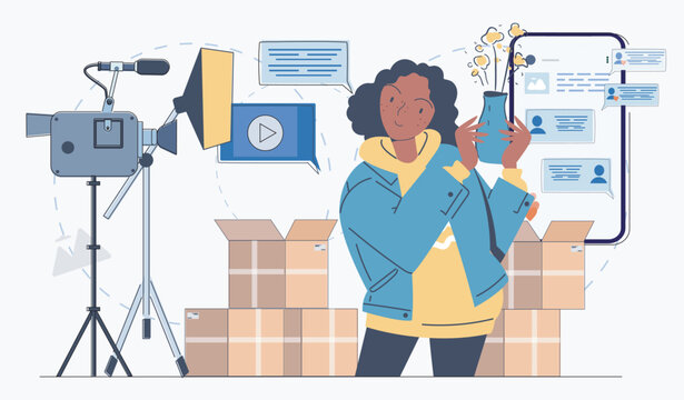A scene showing a person creating product content with camera gear, boxes, and chat icons in a flat style on a light background, expressing an online marketing concept. Hand-drawn vector illustration