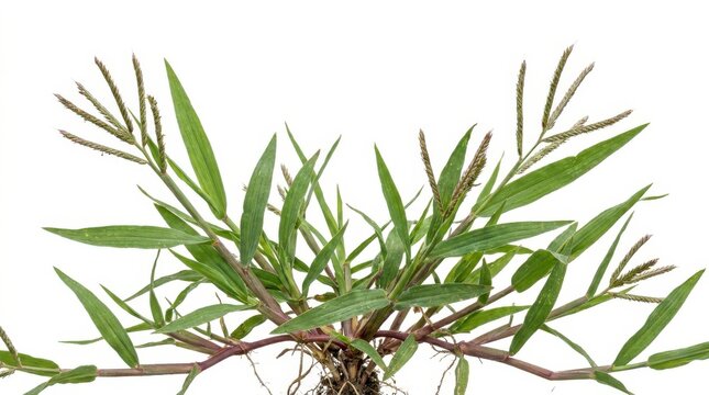 Crabgrass plant with long green leaves and thin stems isolated on white