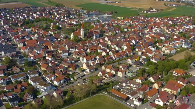 Aerial view of the village Ilsfeld in Germany on a sunny day in early spring