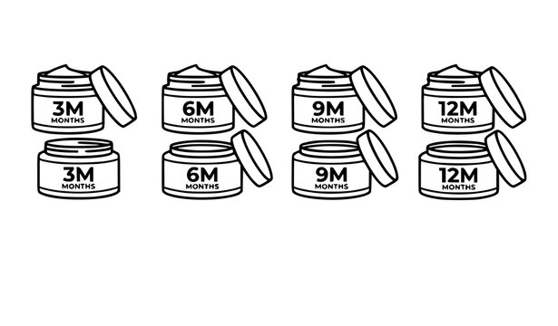 After Opening Expiration Icons Vector Set with 3M 6M 9M and 12M Shelf Life Symbols