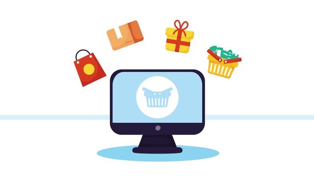 Online shopping animation featuring desktop computer with shopping bag gift box and basket icons.