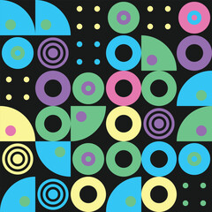 Fototapeta premium Abstract geometric pattern with colorful circles and semicircles on a dark background, modern minimalist vector illustration for design
