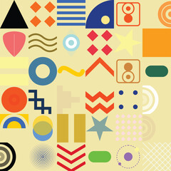 Obraz premium Abstract geometric pattern with various shapes, lines, and symbols modern minimalist composition featuring circles, triangles, squares, and wavy lines in a vibrant color palette