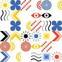 Obraz premium Abstract geometric pattern with various shapes like suns, eyes, waves, and arrows modern minimalist vector illustration with colorful symbols isolated on white background