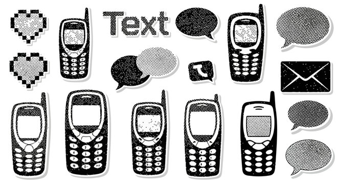 Y2K Retro Flip Phone Sticker Vector Set with 2000s Cyber Aesthetic Icons