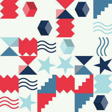 Abstract geometric seamless pattern with various shapes like cubes, stars, wavy lines, and stairs in red and blue colors on a light background