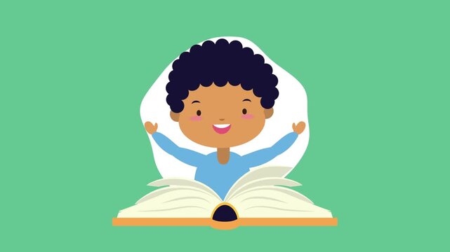 Cartoon african american boy character jumping out of open book in motion graphics animation footage on green background.