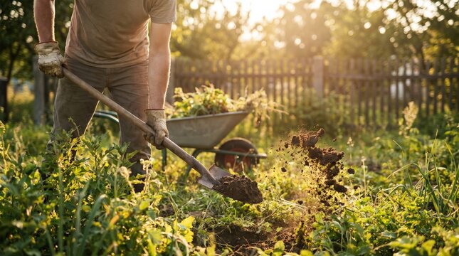 Middle aged man digging soil with shovel in sunny vegetable garden during spring season for sustainable organic farming and cultivation