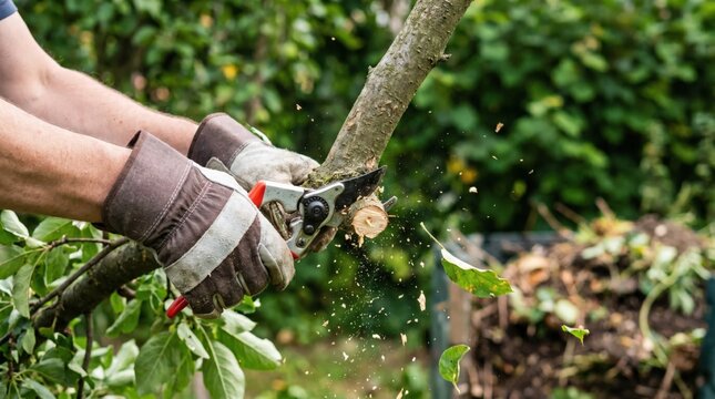 Gardener pruning tree branch with sharp shears in home garden, close up of hands wearing protective work gloves cutting wood