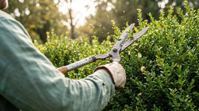 Middle aged man wearing work gloves trimming a green boxwood hedge with manual garden shears in a sunny backyard garden