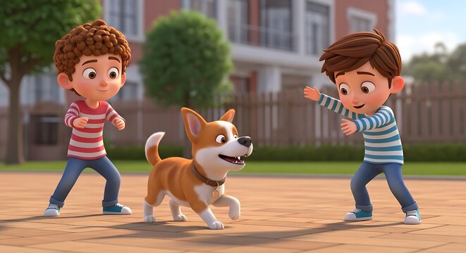 Two boys playing with happy dog.