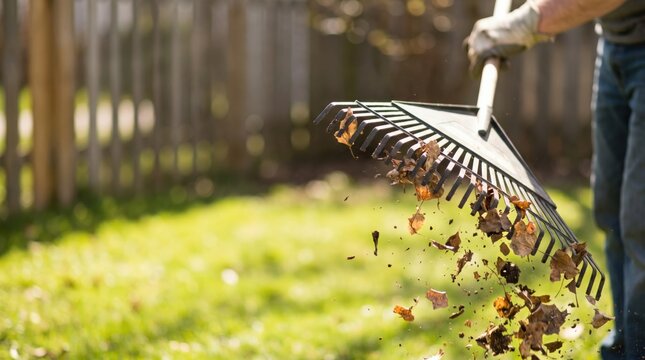 Mature Caucasian man raking dry autumn leaves in a sunny backyard garden during fall season cleanup for lawn maintenance