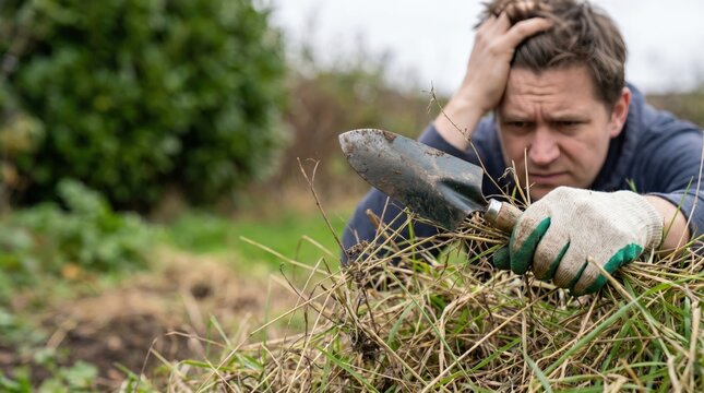 Frustrated Caucasian man gardening in backyard feeling overwhelmed by difficult yard work and weeds with a hand trowel