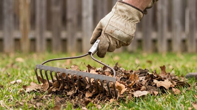 Close up of a person wearing work gloves raking dry brown autumn leaves on a green lawn during fall yard cleanup maintenance