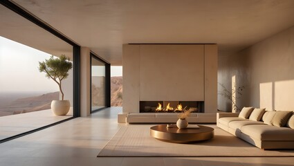 Obraz premium Ultra Minimalist Luxury Clifftop Villa Living Room With Soaring Glass Curtain Wall, Polished White Marble Floor And Linear Fireplace Overlooking Dramatic Coast…Ultra Minimalist Luxury Clifftop Villa