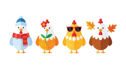 Naklejka premium Cute Cartoon Chickens for Four Seasons: Winter, Spring, Summer, Autumn Vector Illustration Set