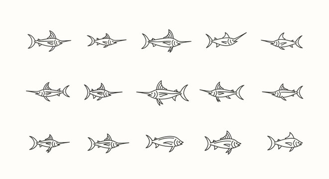 Stylized illustration of swordfish in a repeating pattern on light background
