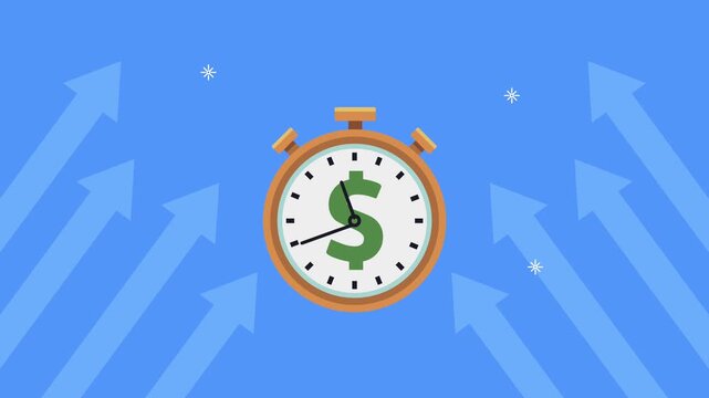 Time is money concept animation with a stopwatch showing increasing value over time and upward arrows signifying growth.