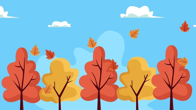Autumn landscape animation with falling leaves and colorful trees in flat design style on blue sky background.