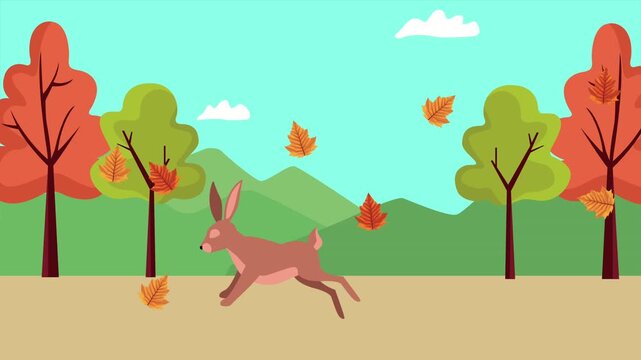Autumn landscape animation with brown hare running through forest during fall season.