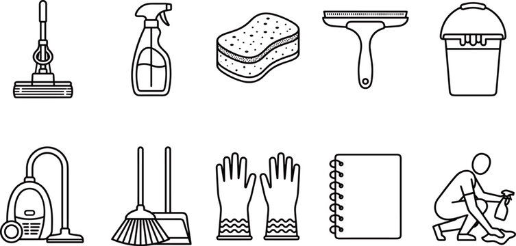 Cleaning Service and Housekeeping Equipment Line Icons Set with Vacuum, Mop, Sponge, Spray Bottle, Bucket and Rubber Gloves Housework Vector Symbols