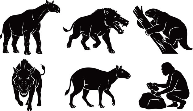 Prehistoric Extinct Animals Silhouettes featuring ancient megafauna, primitive beasts, pleistocene mammals and early human caveman hunting vector icons.
