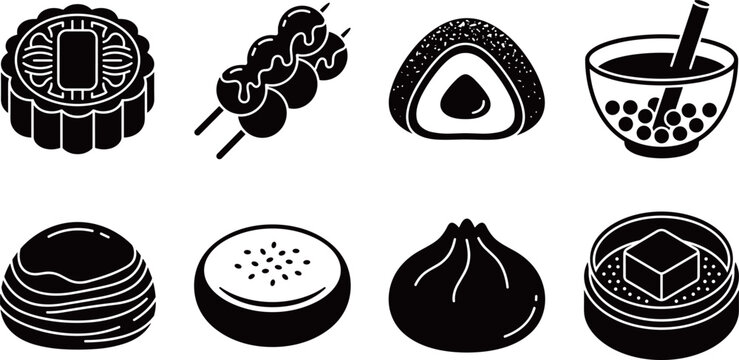 Asian Food Dessert Icons, Mooncake, Dango, Mochi, Bubble Tea, Dim Sum, Baozi, Bun, Sweet Pastry and Traditional Oriental Cuisine Silhouette Vector Set