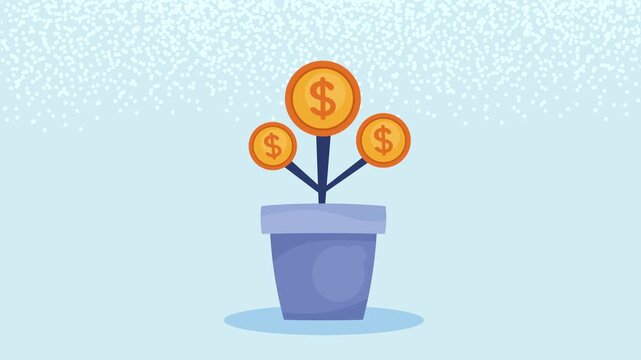 Animated money plant growing in blue pot showing financial growth and investment concept in flat motion graphics style.