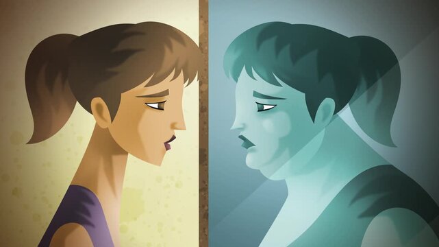 thin woman with eating disorder seeing distorted obese reflection in mirror